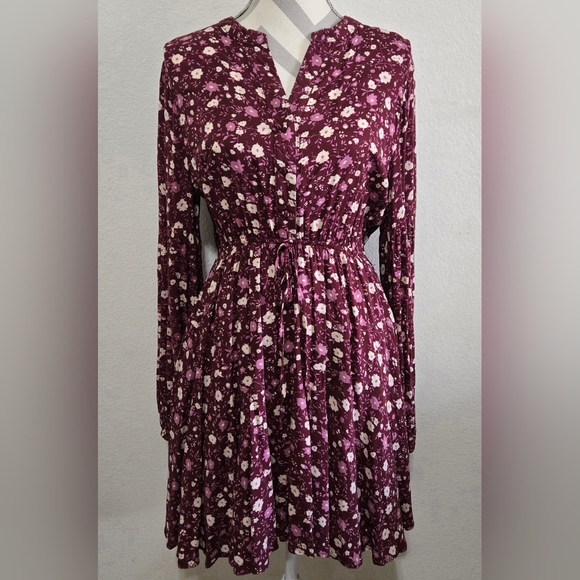 BLU PEPPER Floral Boho Mini Dress Long Balloon Sleeves Plum Purple Size Large - Picture 2 of 16